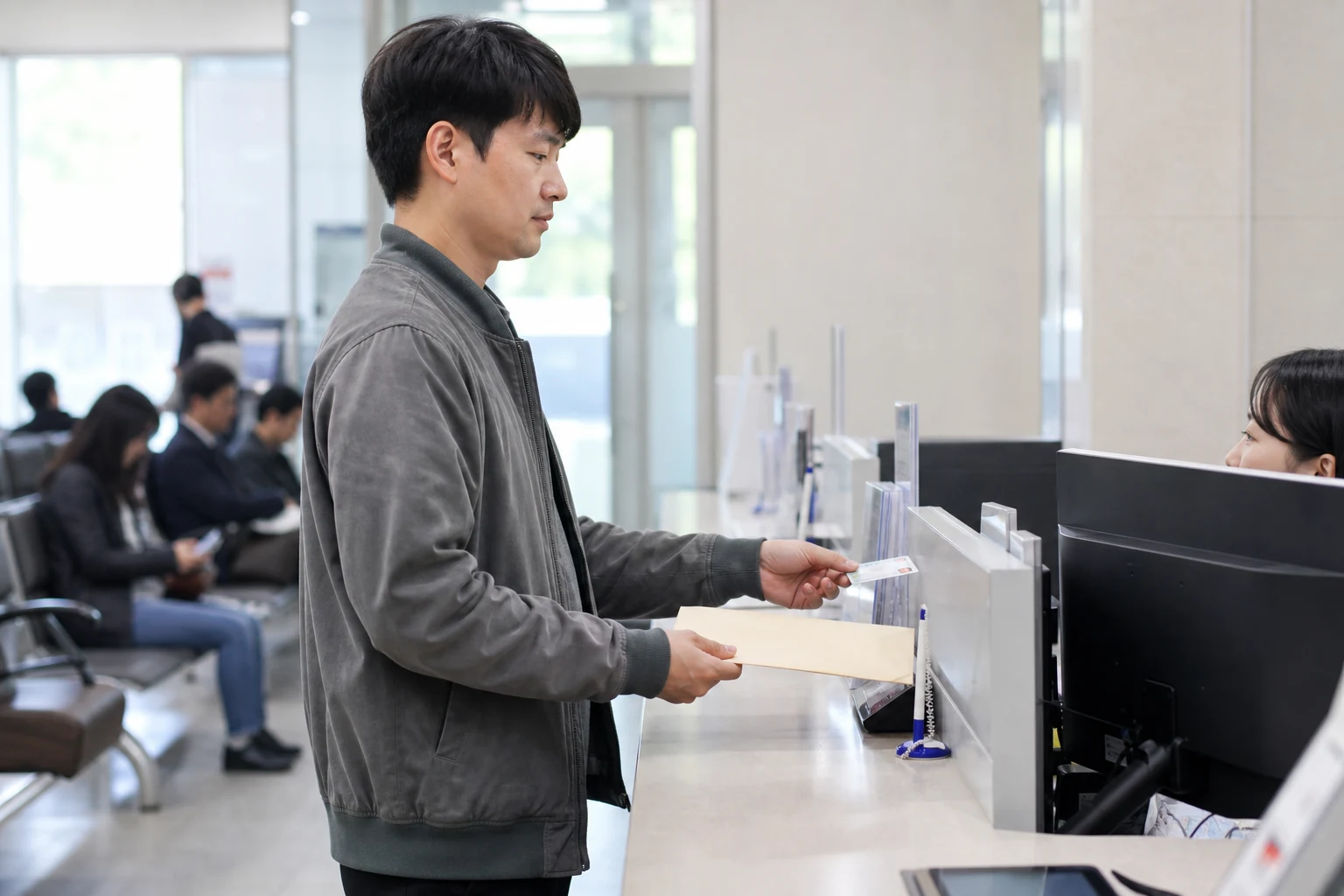 통신판매업 신고 서류를 구청 민원실에 제출하는 장면